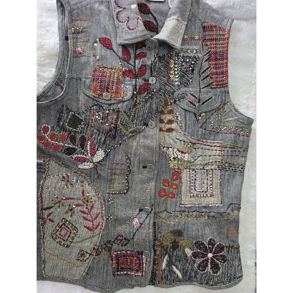 Chico's Embroidered Floral Patchwork Sequins Herringbone Vest Med Artsy Cottage - Picture 8 of 10